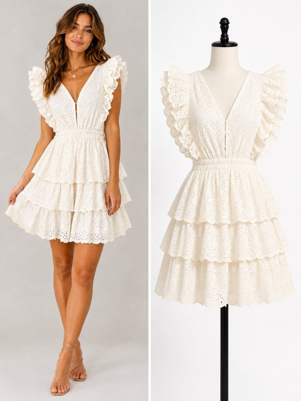 Love The Label Ivory Eyelet Ruffle Mini Dress XS Boho Cottagecore